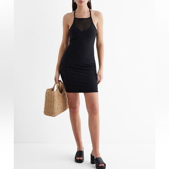 Luxe Comfort Mesh High Neck Cross Back Mini Black Dress Sz Small - Picture 1 of 12